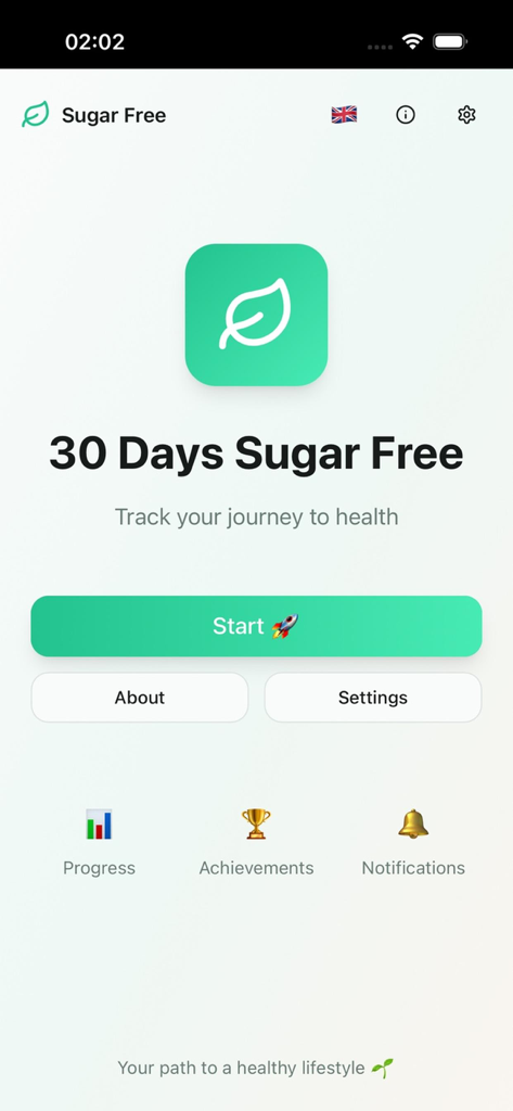 Main interface of the No Sugar 30 Days app showing the start button for the sugar-free challenge and health tracking icons.