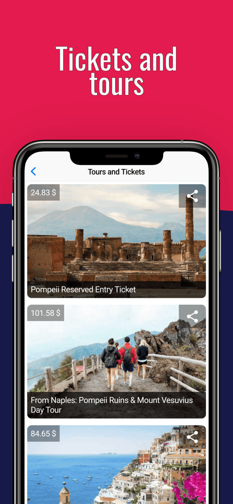 나폴리 여행 가이드 앱에서 폼페이와 베수비오 화산 투어 및 티켓 옵션을 보여주는 스마트폰 화면