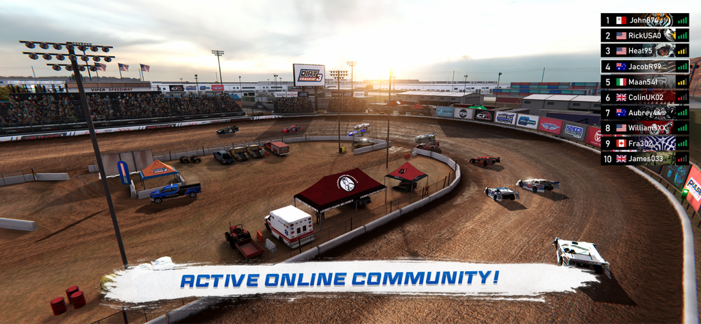 Dirt Trackin 3 - Dirt Trackin 3 multiplayer gameplay showing a dirt oval track with racing cars and a player leaderboard