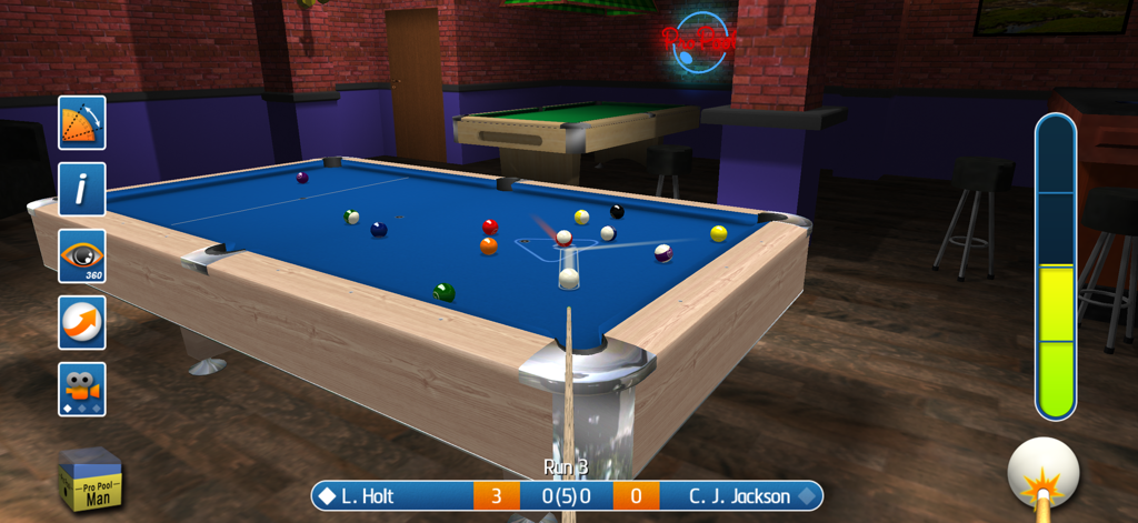 Pro Pool 2026 - A realistic 3D pool game simulation showing a blue billiard table with cue ball control and power meter