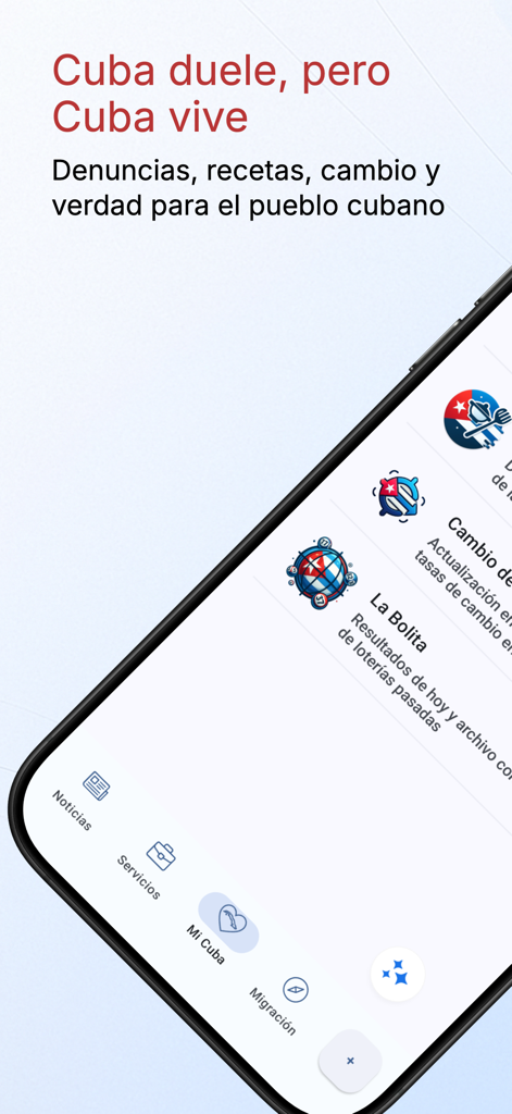 Neo Mambí - Neo Mambi Mobile App-Oberfläche mit Nachrichten und Community-Diensten für die kubanische Diaspora.