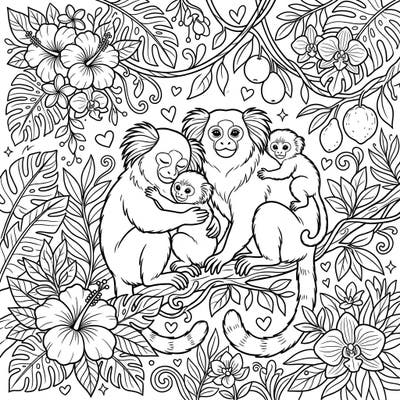 Dive into a heartwarming jungle scene with this Mother's Day coloring page, featuring a loving marmoset family. Celebrate maternal bonds as you bring these adorable primates and their lush tropical habitat to life with your favorite colors.