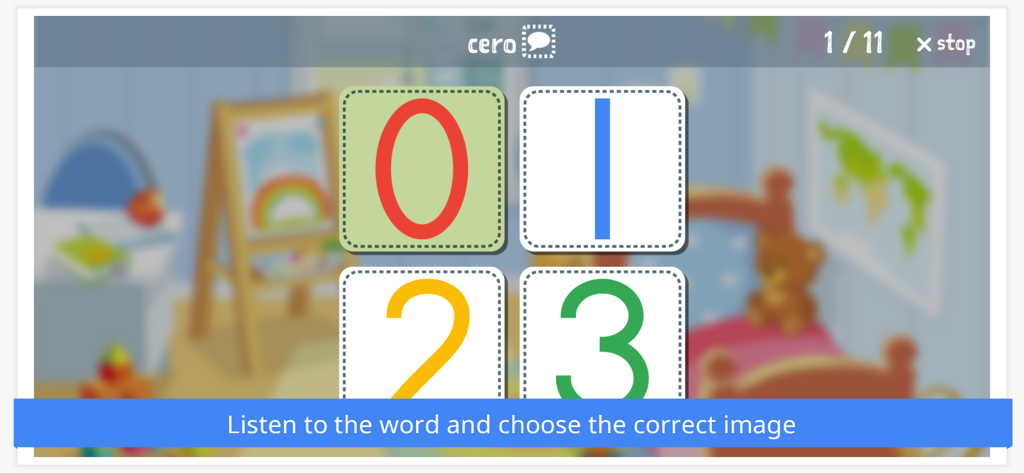 Learn Languages With Emma - Pantalla de juego educativo que muestra tarjetas de números coloridas para aprender vocabulario en español.