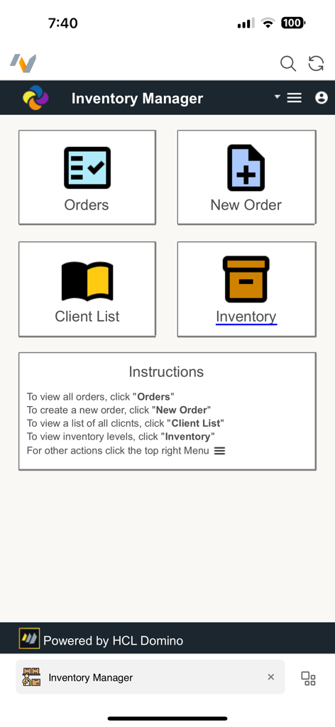 HCL Nomad - Aplicación HCL Nomad que muestra el panel del Administrador de Inventario con opciones para Pedidos Nuevo Pedido Lista de Clientes e Inventario