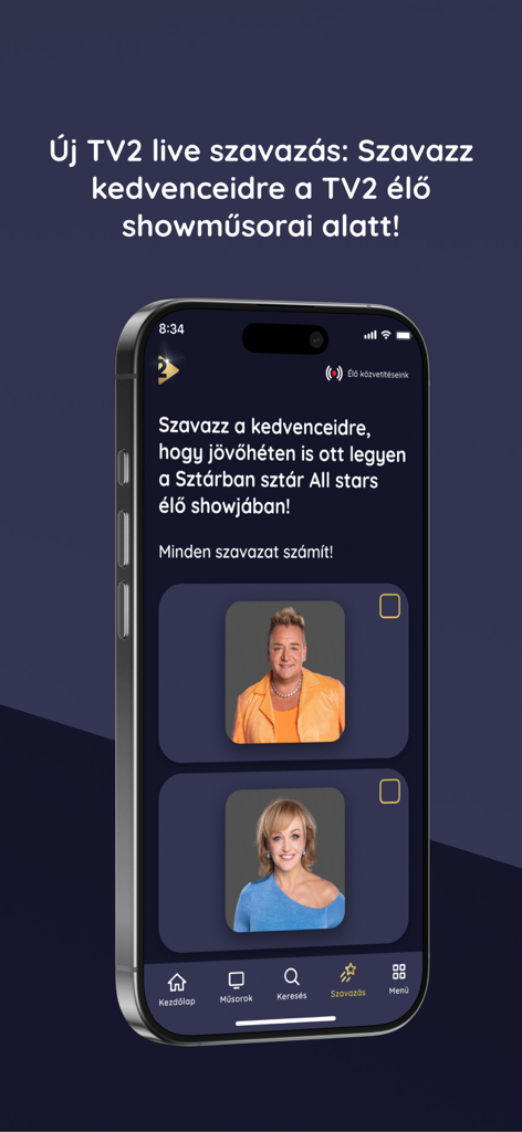 TV2 Play - ハンガリーのリアリティ番組のライブ投票機能を表示するTV2 Playアプリのインターフェース