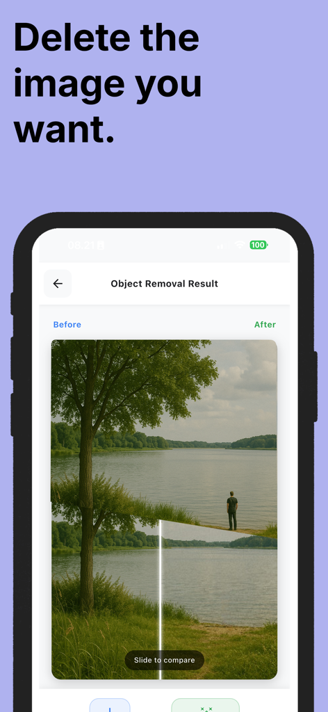 Remage: AI face swap profile - Before and after comparison of AI object removal from a scenic landscape photo