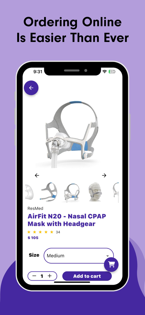Sleeplay - Sleeplay app screen showing a ResMed CPAP mask with price and add to cart button
