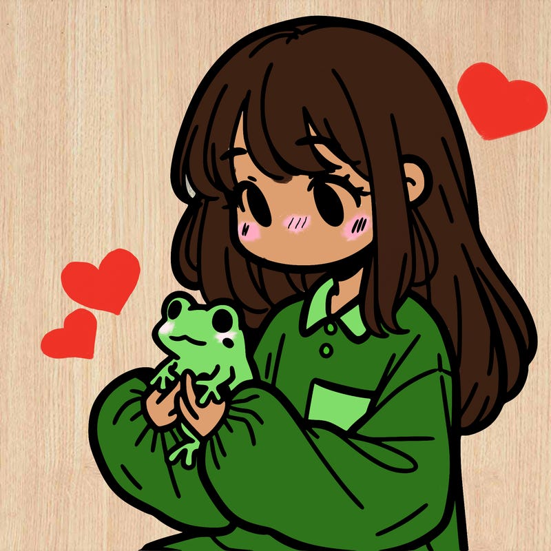 girl with long hair and a oversized shirt. and she is holding a frog