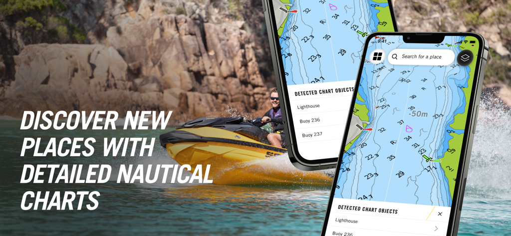 BRP GO!: Maps & Navigation - BRP GO app displaying detailed nautical charts and navigation for Sea-Doo riders on the water.