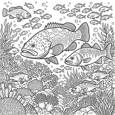 Immerse yourself in the ocean's depths with this stunning coloring page featuring magnificent Groupers and Sea Bass. Explore a thriving underwater ecosystem complete with intricate coral reefs and schools of smaller fish, ready for your artistic touch.