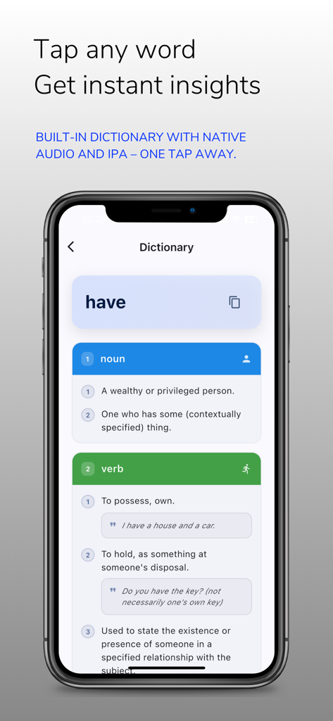 XPhonetics App zeigt die integrierte Wörterbuchfunktion mit Definitionen und phonetischen Erkenntnissen für das Wort 'have'.