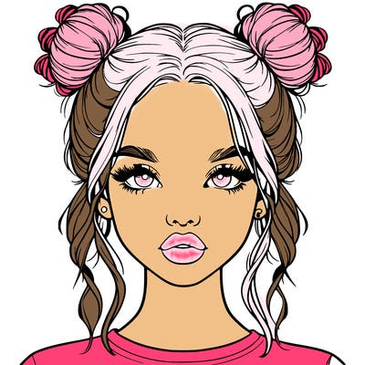 realistic girl with two buns in hair and lips