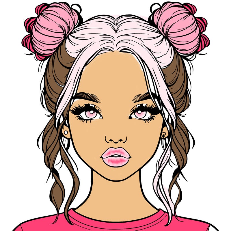 realistic girl with two buns in hair and lips