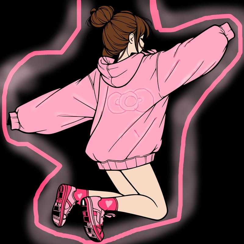 realistic girl jumping with a bun and oversized sweatshirt