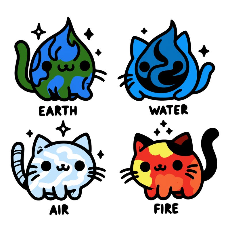 4 cats that represent the different elements, earth, water, air, and fire