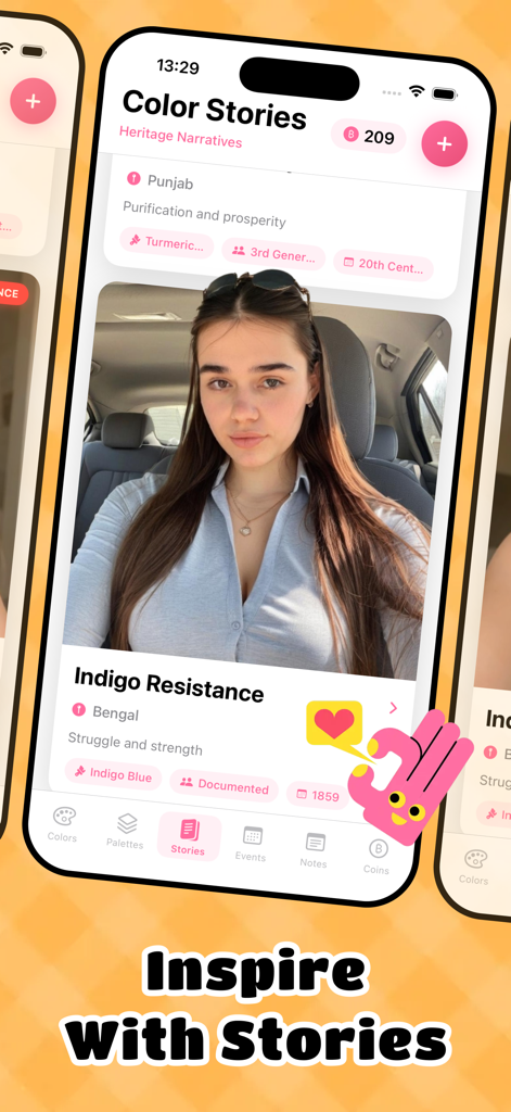 OMeet - Meet People Now & Chat - 遺産のタグとユーザーの写真が付いたインディゴレジスタンスに関する文化的な物語を示すカラー物語というタイトルのモバイルアプリ画面。