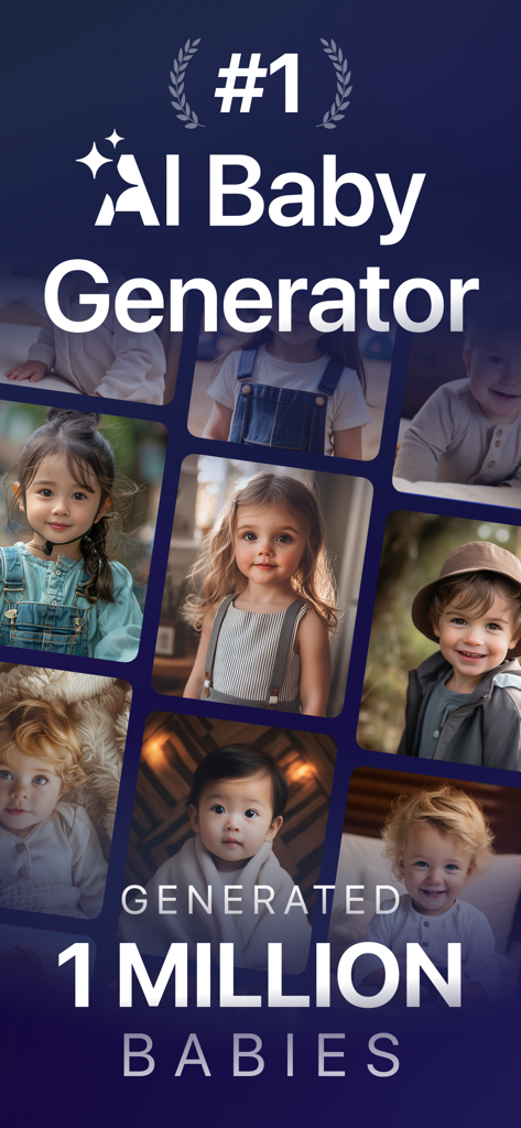 Écran promotionnel de l'application de génération de bébés par IA présentant un collage de visages de bébés réalistes et le texte indiquant plus d'un million de bébés générés.