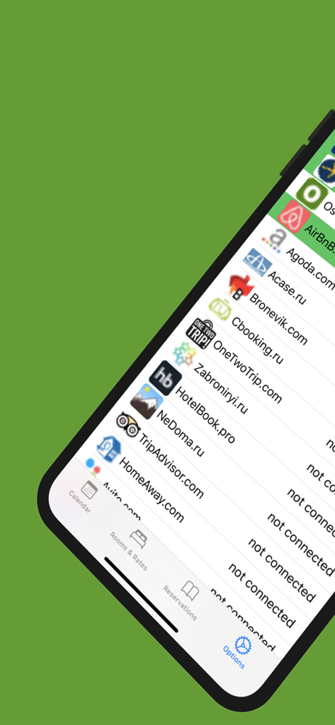 EPMS - EPMSとの統合のためにAirbnbやTripAdvisorなどのさまざまな予約プラットフォームをリストするモバイルアプリ画面