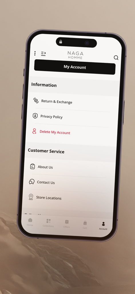 Naga Homme - Account and customer service information screen on the Naga Homme shopping app
