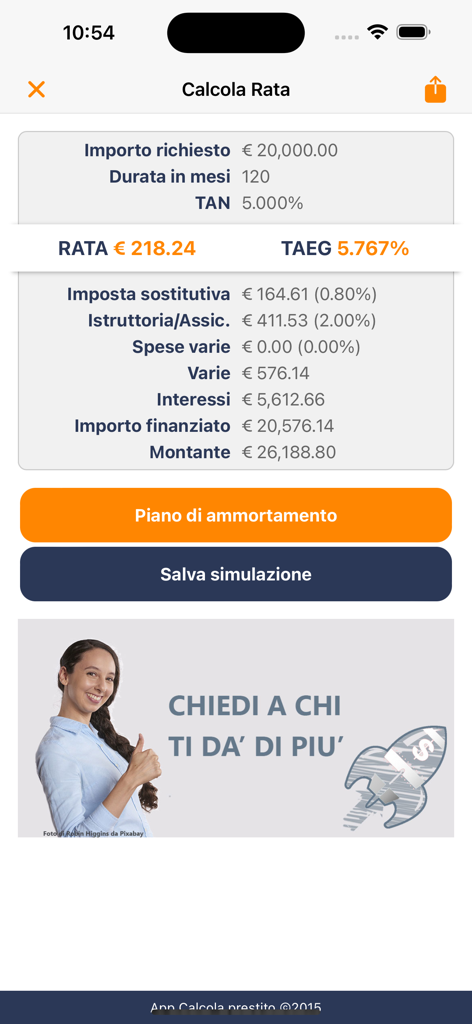 Interfaz de una aplicación de cálculo de préstamos que muestra el desglose del pago mensual y los costos