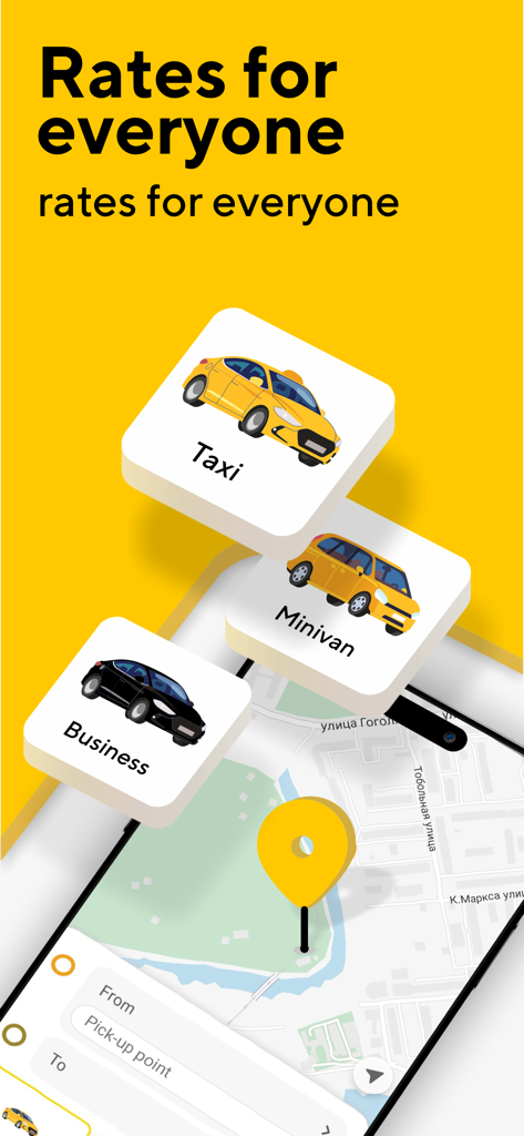 Omega: taxi service - Interfaz de la aplicación Omega taxi service que muestra diferentes tarifas de viaje para taxis, minivans y coches de clase ejecutiva