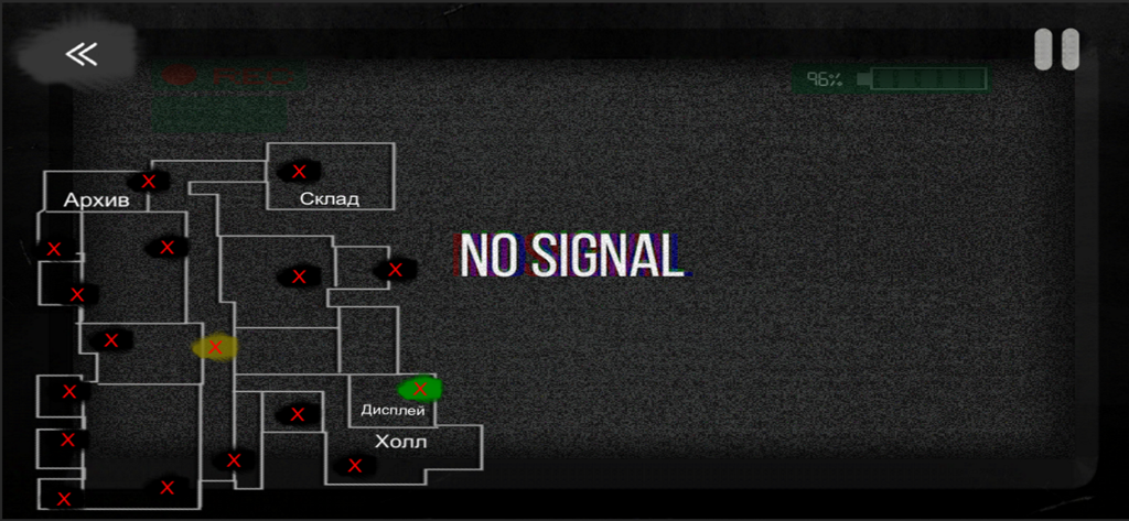 A security camera map of the police department in CASE Animatronics showing a no signal message and static.