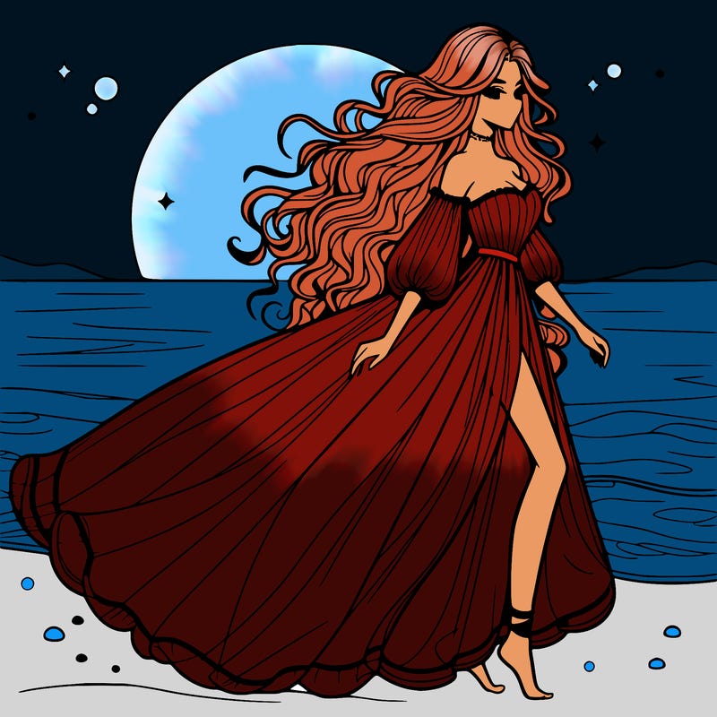 beautiful woman with a vaporous long dress walking on the beach at the noon, detailed art