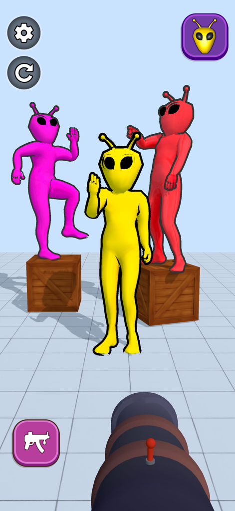 Annoying Ragdoll Shooter Game - Gameplay screen showing colorful alien ragdolls and a cannon in Annoying Ragdoll Shooter