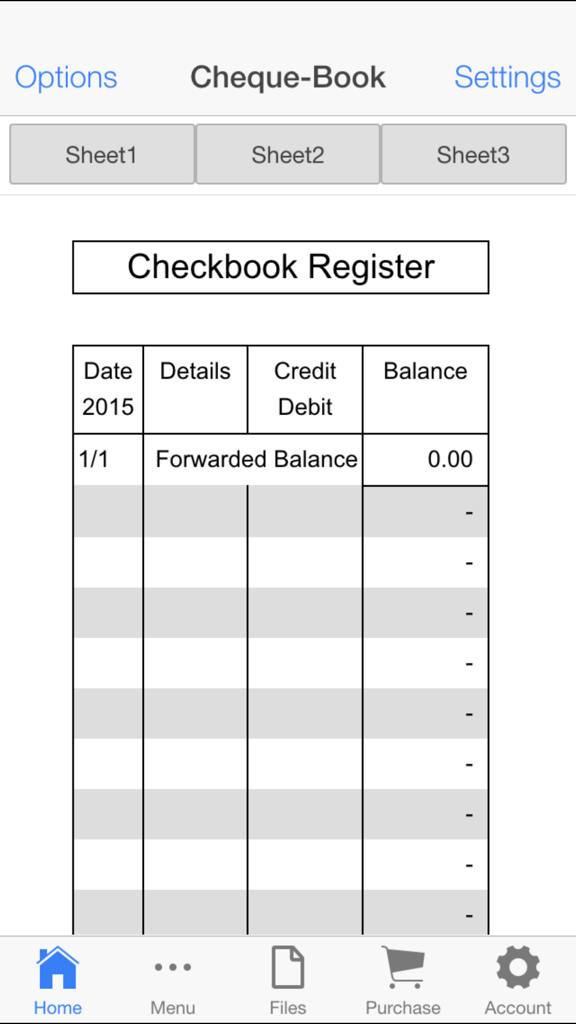 Check Book Register - Mobile app interface showing a manual checkbook register with columns for date details and balance