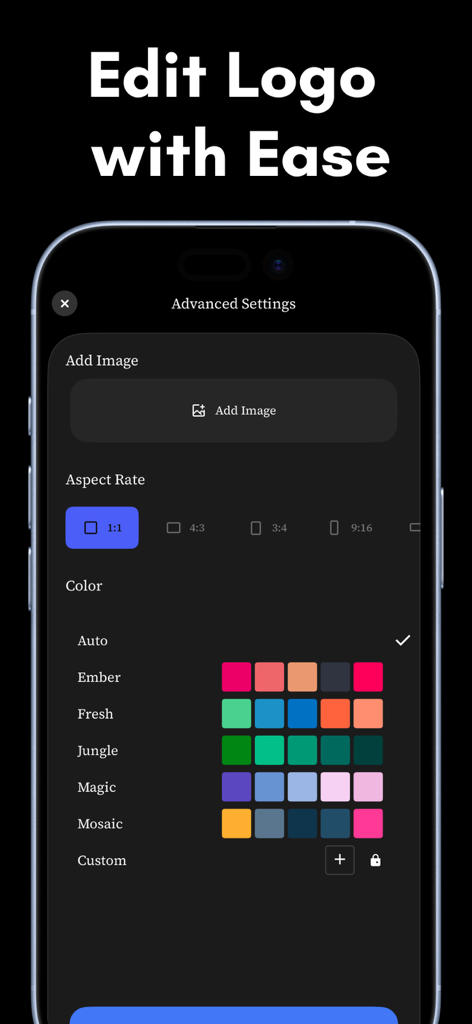 AI Logo Design - Brand Maker - Interfaccia dell'app per modificare loghi con colori e proporzioni personalizzate