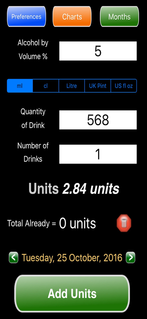 Alcohol Units Calculator app interface showing alcohol percentage and volume input fields
