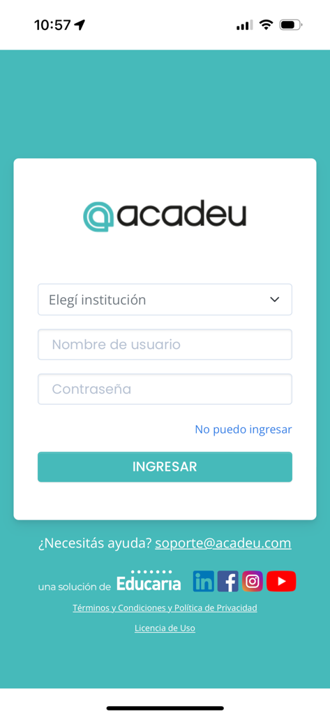 Acadeu - Login screen of the Acadeu app showing fields for institution selection, username, and password.