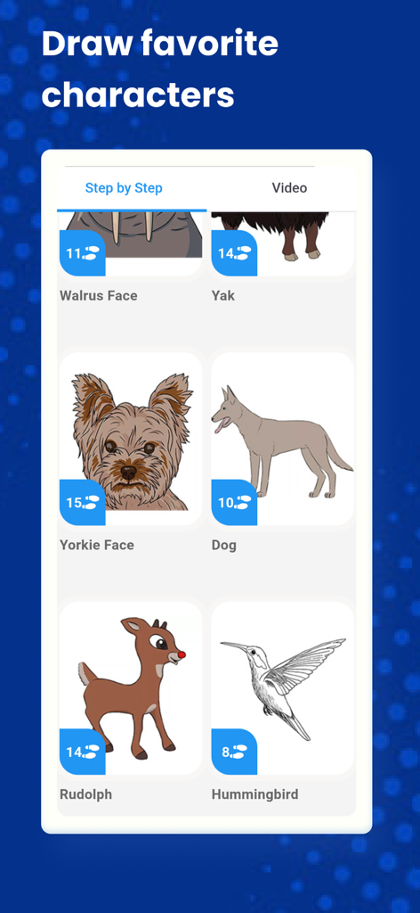 How to Draw Animals by Steps - Una pantalla de menú de la aplicación que muestra varios tutoriales de dibujo de animales como la cara de un yorkie, un perro y un colibrí con el número de pasos requeridos para cada uno.
