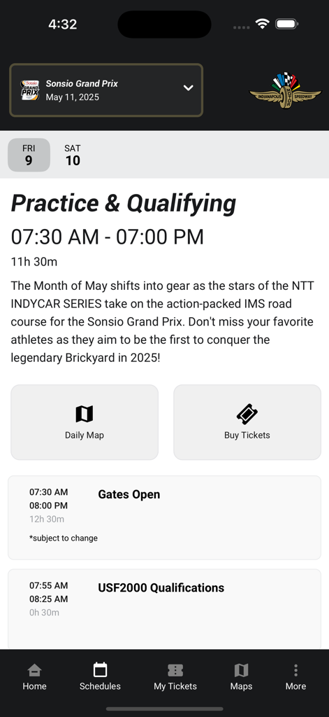 IMS app interface showing the Practice and Qualifying schedule for the Sonsio Grand Prix