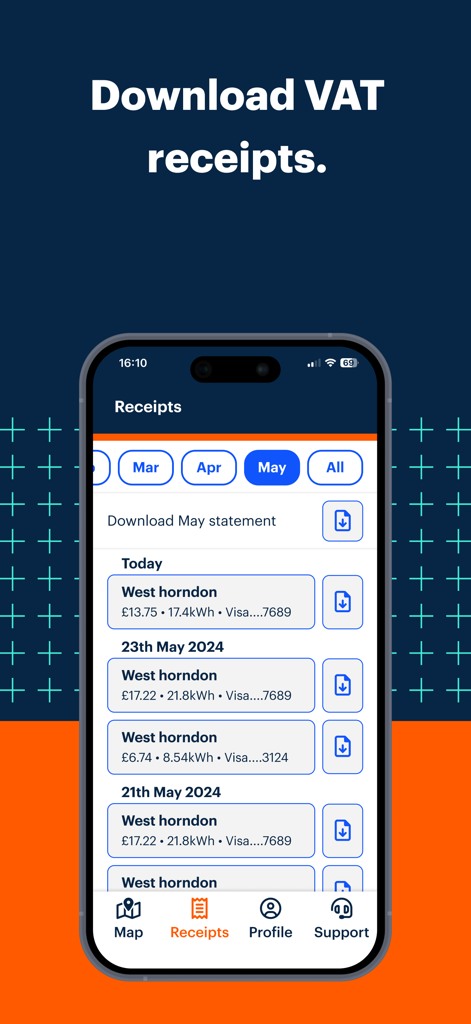 Mobile app interface showing a list of electric vehicle charging receipts and a download button for VAT statements.