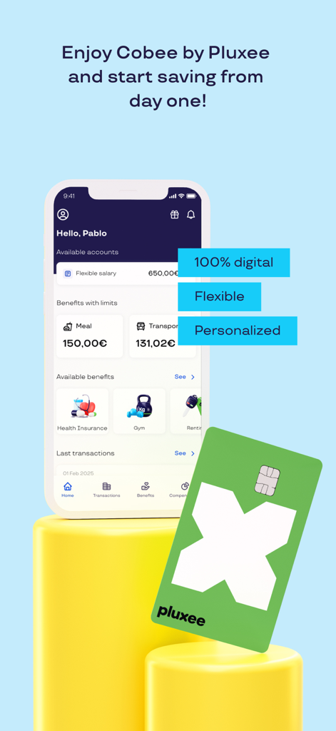 Cobee by Pluxee - Interfaccia mobile dell'app Cobee by Pluxee che mostra la dashboard dei benefit aziendali con stipendio flessibile e una carta Pluxee verde.
