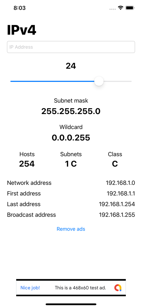 IP Subnet Calc app interface showing IPv4 subnetting details and CIDR slider