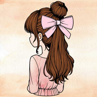 realistic girl  with hip length hair a bun and a big bow on the back of head