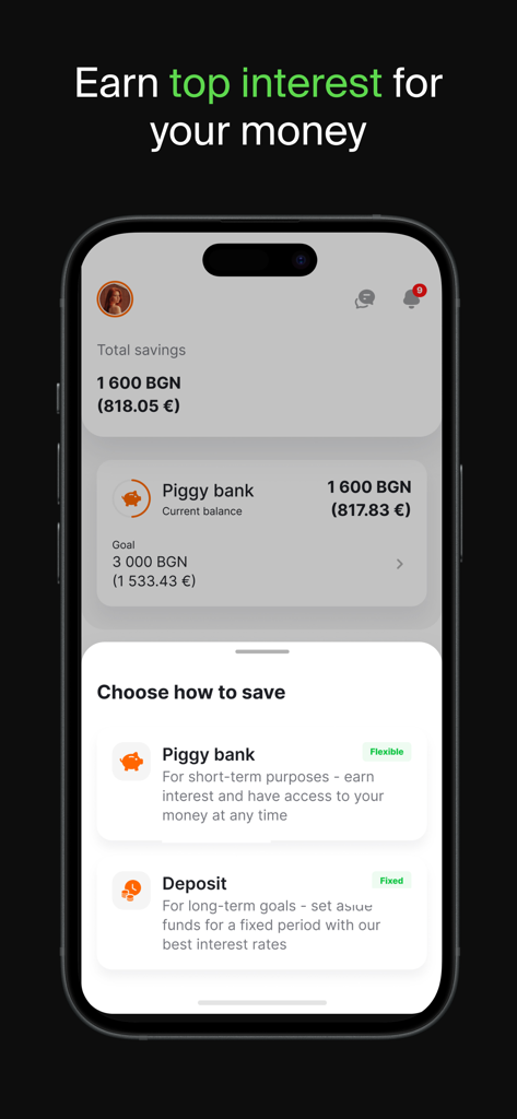 Écran de l'application mobile montrant les objectifs d'épargne et les options de gain d'intérêts dans l'application tbi bank