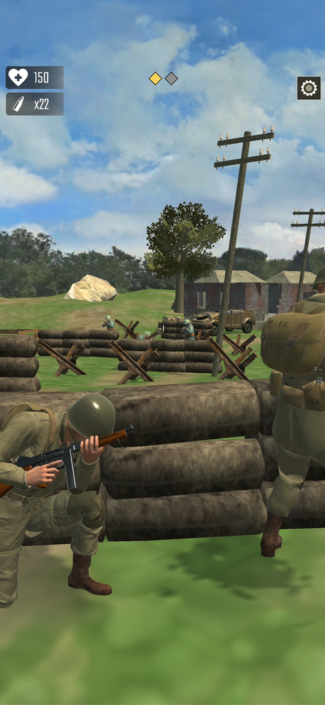 Soldado estadounidense sosteniendo una ametralladora Thompson detrás de sacos de arena en un campo de batalla de la Segunda Guerra Mundial