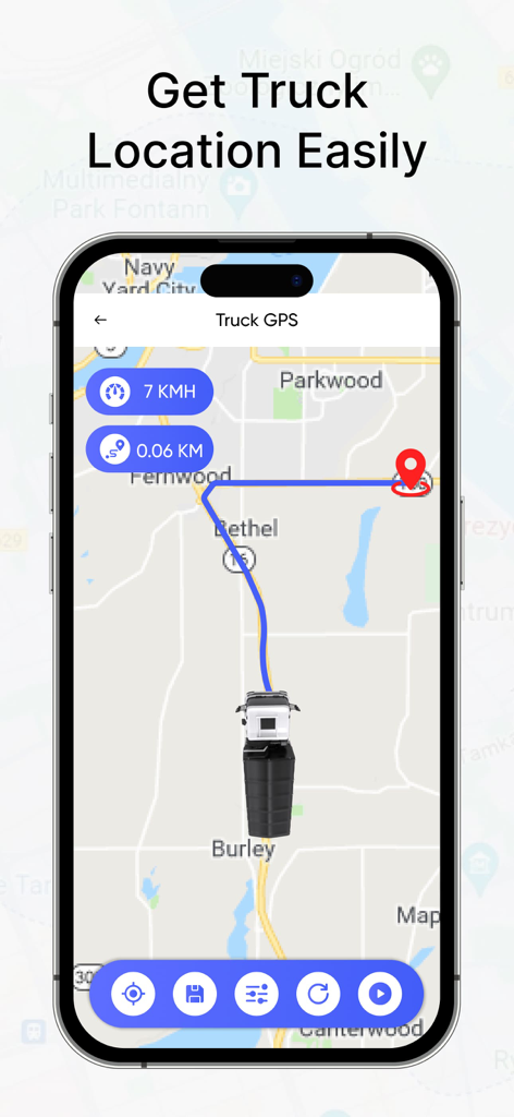Truck Map Navigator: Truck GPS - Interface de l'application Navigateur de Carte Camion affichant la position du camion et l'itinéraire planifié sur une carte.