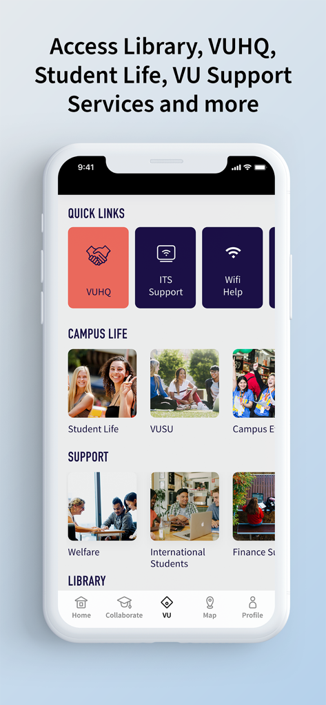 Victoria University App dashboard showing links to student support services and campus life information