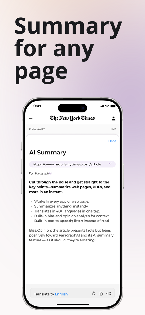 ParagraphAI app interface showing the AI Summary feature for summarizing web pages and articles