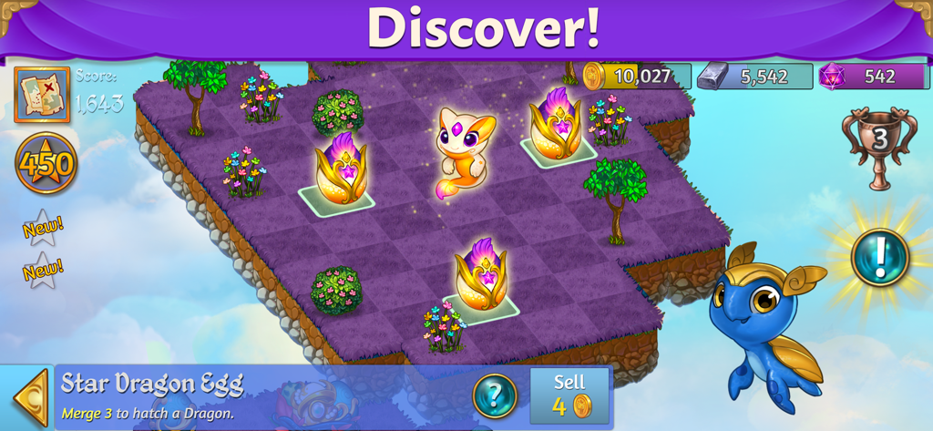 Gameplay screen of Merge Dragons featuring Star Dragon Eggs on a mystical island