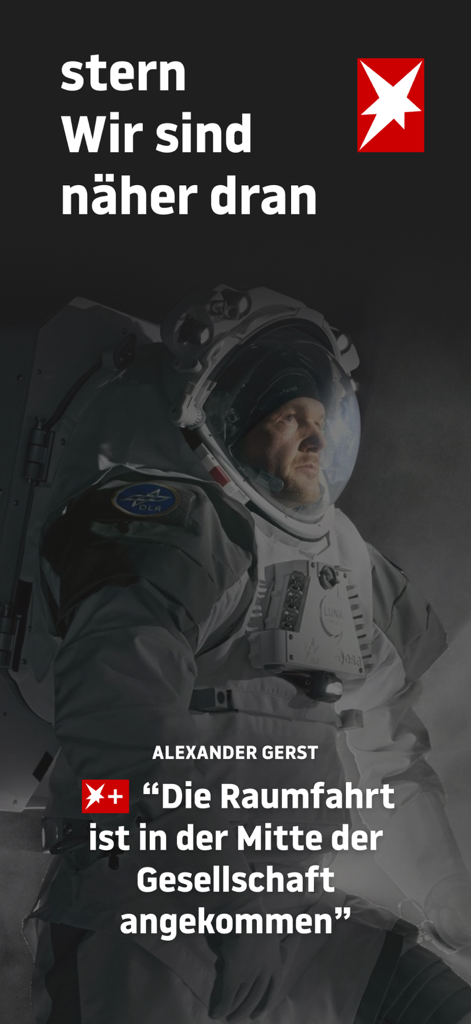 stern Nachrichten - Pantalla de inicio de la aplicación de noticias Stern con el astronauta Alexander Gerst y una cita sobre viajes espaciales.
