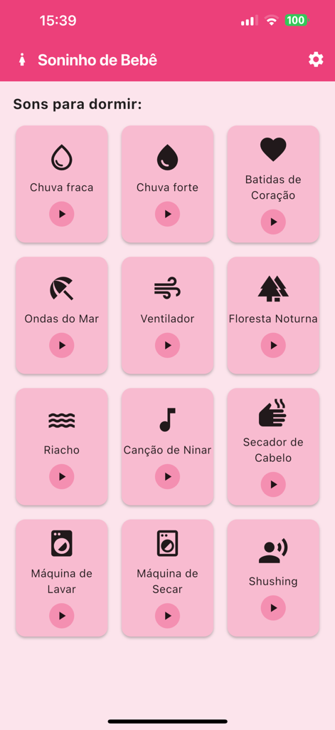 Soninho Bebê - Soninho Bebe app screen with icons for different sleep sounds like rain and heartbeat