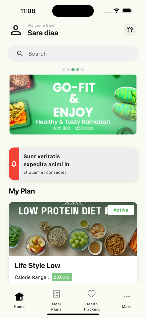 Antifat Egypt - Tela inicial do aplicativo Antifat Egypt mostrando um perfil de usuário e um plano de refeição saudável ativo.