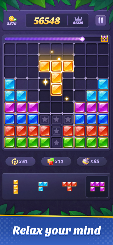 Gameplay of Block Puzzle 99 showing colorful gems on a grid and the slogan relax your mind