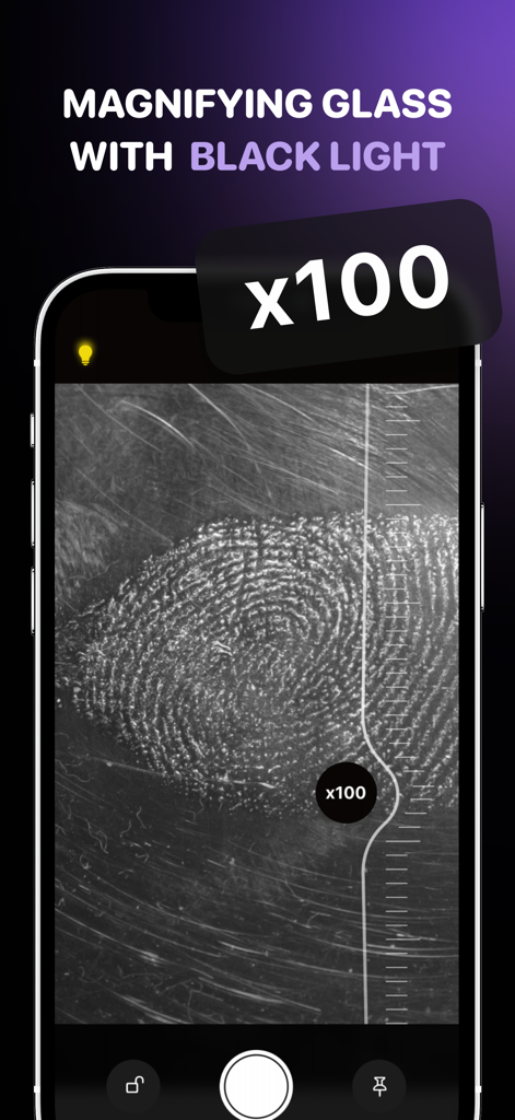 Magnifying Glass * Flashlight - Magnifying glass app showing a 100x zoom on a fingerprint using the black light feature