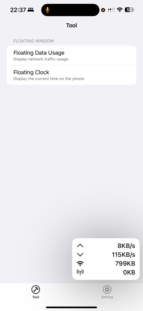 Floating Window - Interface do aplicativo Janela Flutuante mostrando opções de uso de dados flutuante e relógio com uma sobreposição de velocidade de rede em tempo real